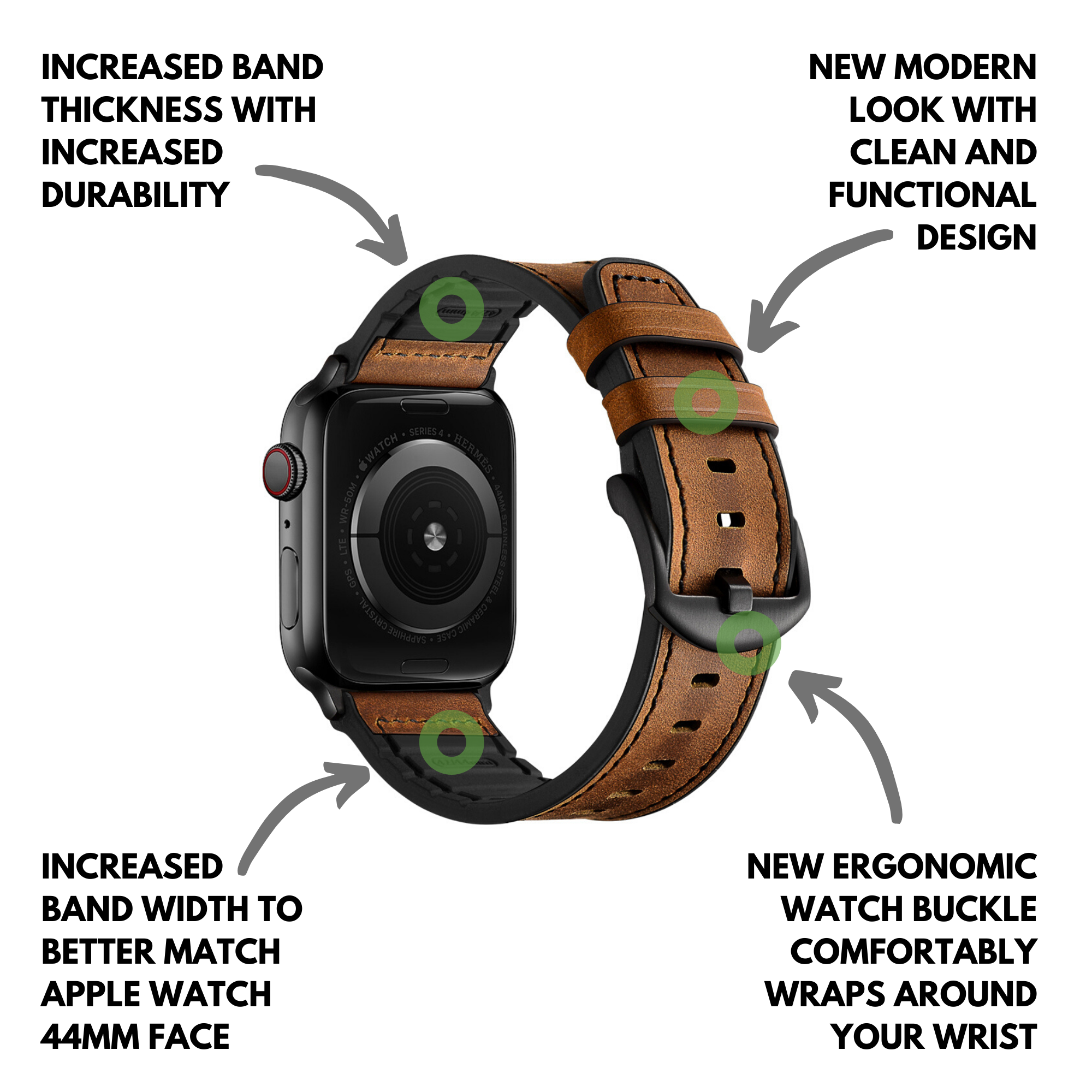 Upgraded Hybrid Sports Leather Band made for Apple Watch 45mm 44mm 42mm for Series 9 8 7 6 SE 5 4 3 2 1 Brown